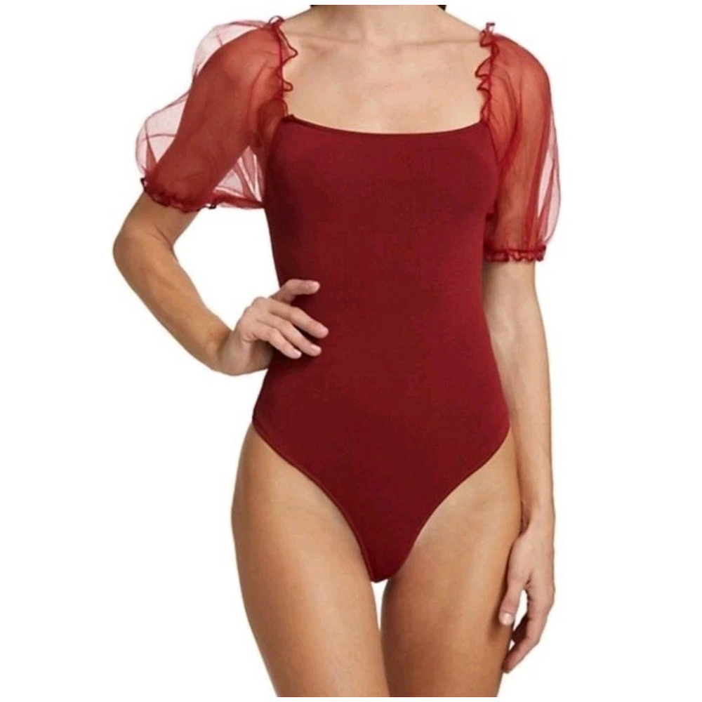 ASTR The Label Maroon Red Puff Ribbed Ballon Sleeve Bodysuit Women’s Large NWT